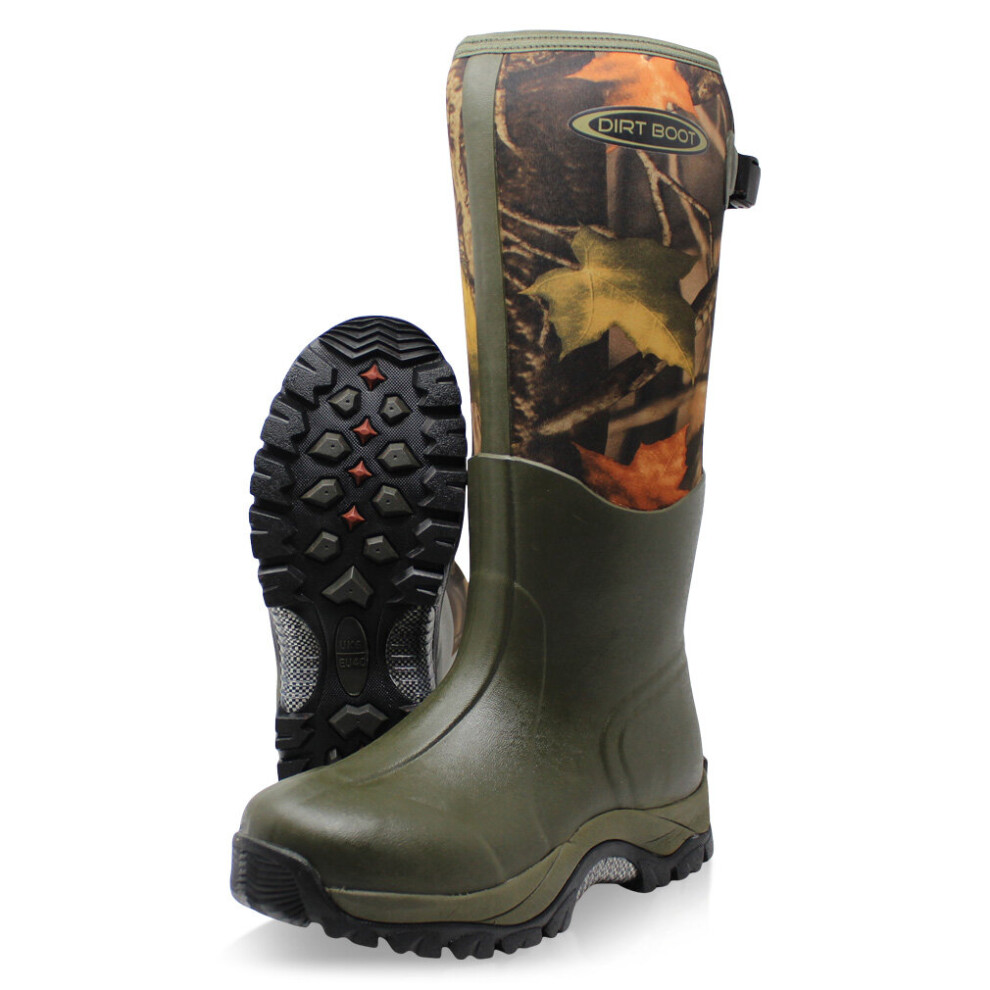 (UK 10 EU44, Green/Camo) Dirt Boot Neoprene Wellington Muck Boots Pro Sport Wide Calf Adjustable Gusset Wellies