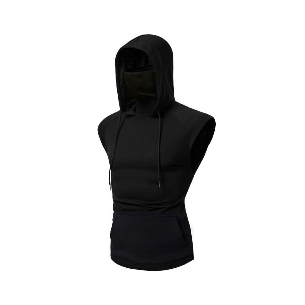 (Sleeveless - Black, 2XL) Men Hooded Hoodies T Shirt Tank Tops With Mask Top Pullover Sports Slim Fit