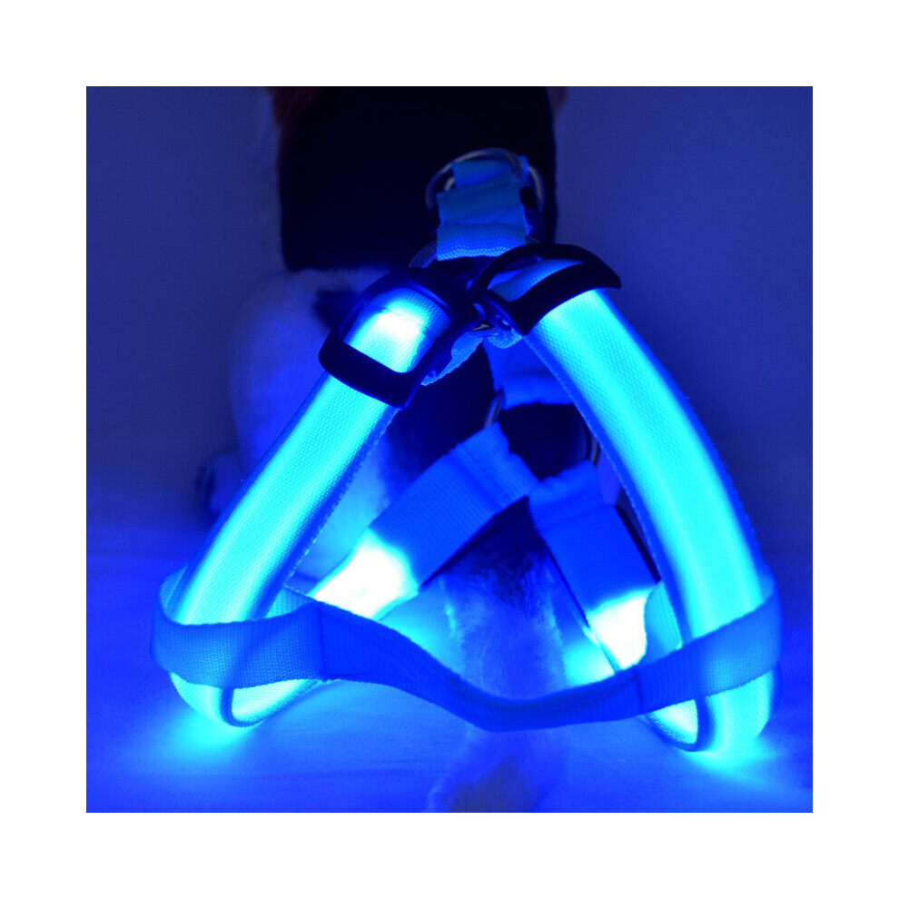 (Blue, M) Dog Adjustable Control Harness Led Light Walking Collar Chest Strap Vest