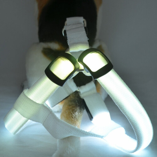 (White, L) Dog Adjustable Control Harness Led Light Walking Collar Chest Strap Vest