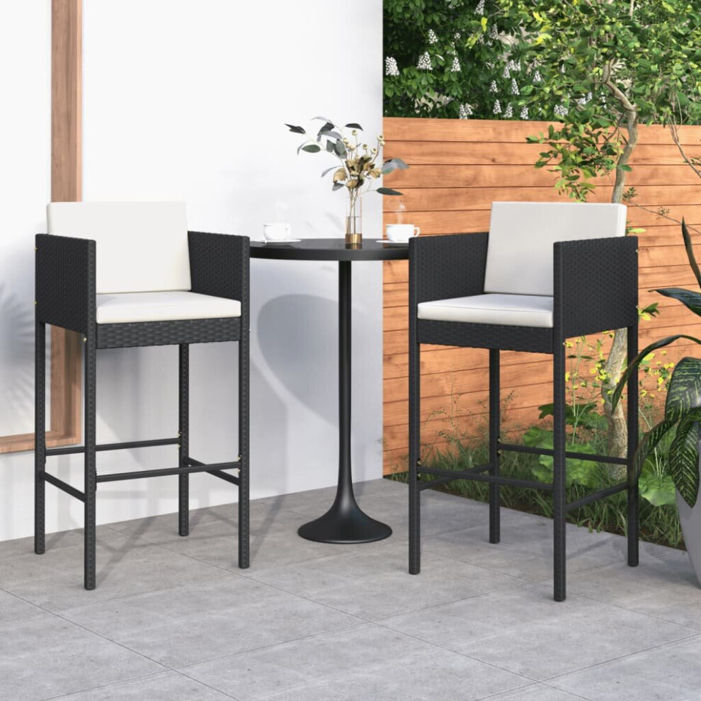 vidaXL 2x Bar Stools With Cushions Black Poly Rattan Outdoor Lounge Set Chair