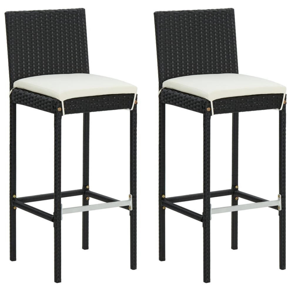 vidaXL 2x Garden Bar Stools With Cushions Black Poly Rattan Patio Lounge Seat