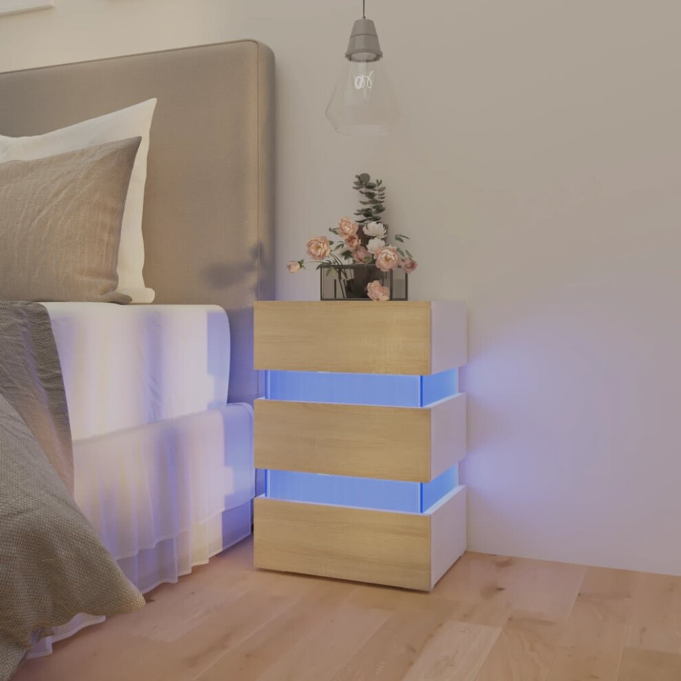 Vidaxl Led Bedside Cabinet White And Sonoma Oak Engineered Wood Side Table