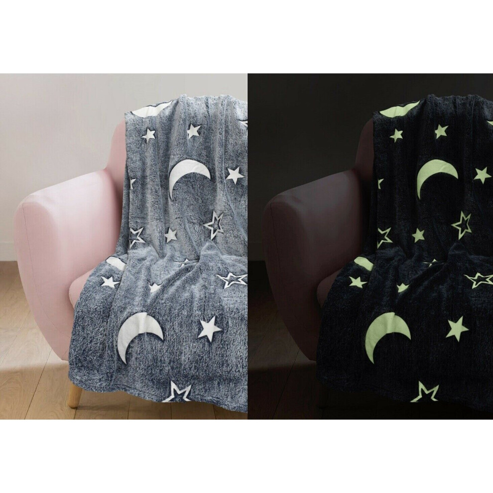 Glow In The Dark Grey Blanket Moon & Stars Soft Fleece Throw