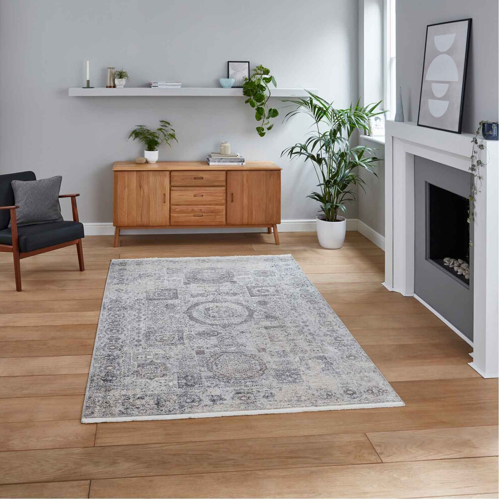 (120 x 170 cm) Grey Silver Distressed Faded Traditional Oriental Rug Living Room Bedroom Carpet