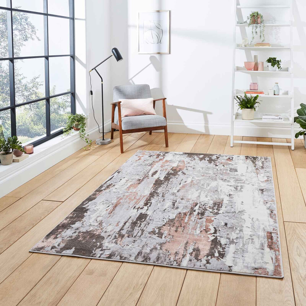 (Grey / Rose Gold, 160 X 220 cm) Silver Grey Faded Distressed Rugs Bedroom Living Room Rug Scratched Large Carpet