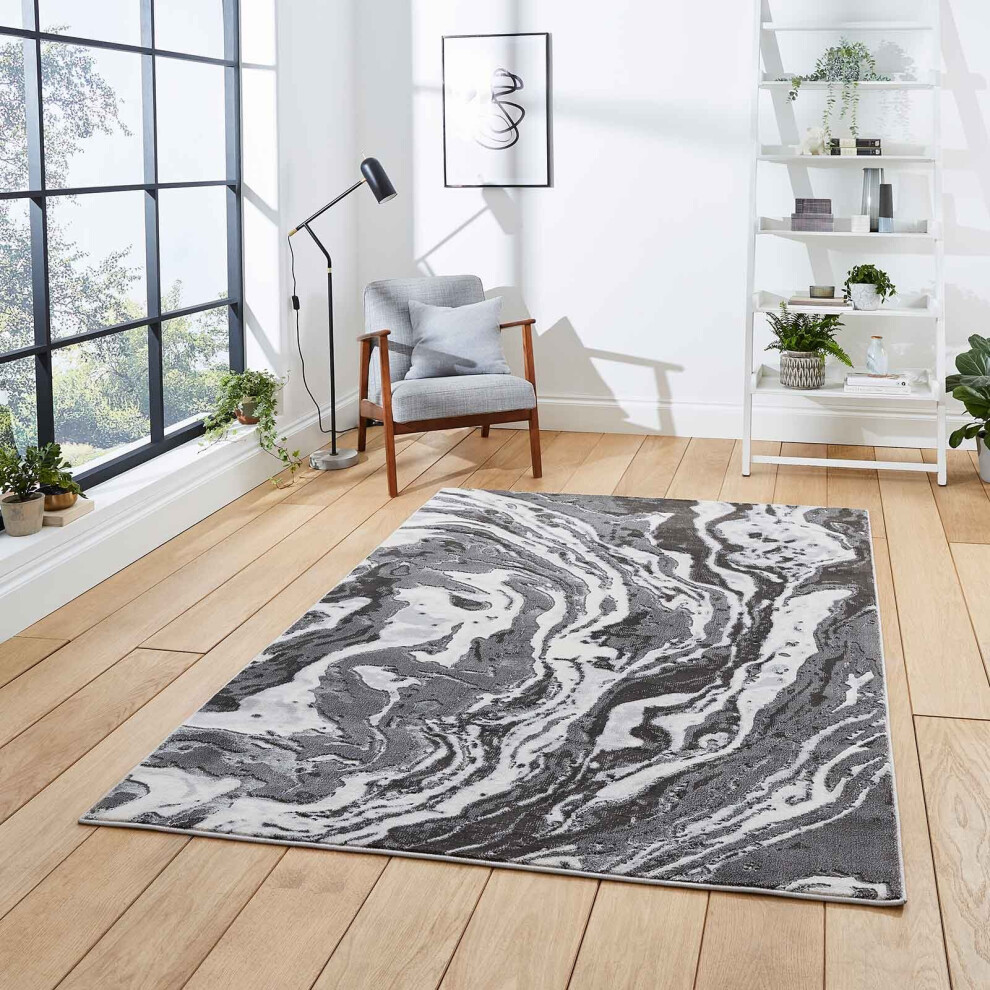 Think Rugs (Grey, 160 X 220 Cm) Modern Oil Spill Look Grey Abstract Distressed Faded Living Room Bedroom Rugs Uk