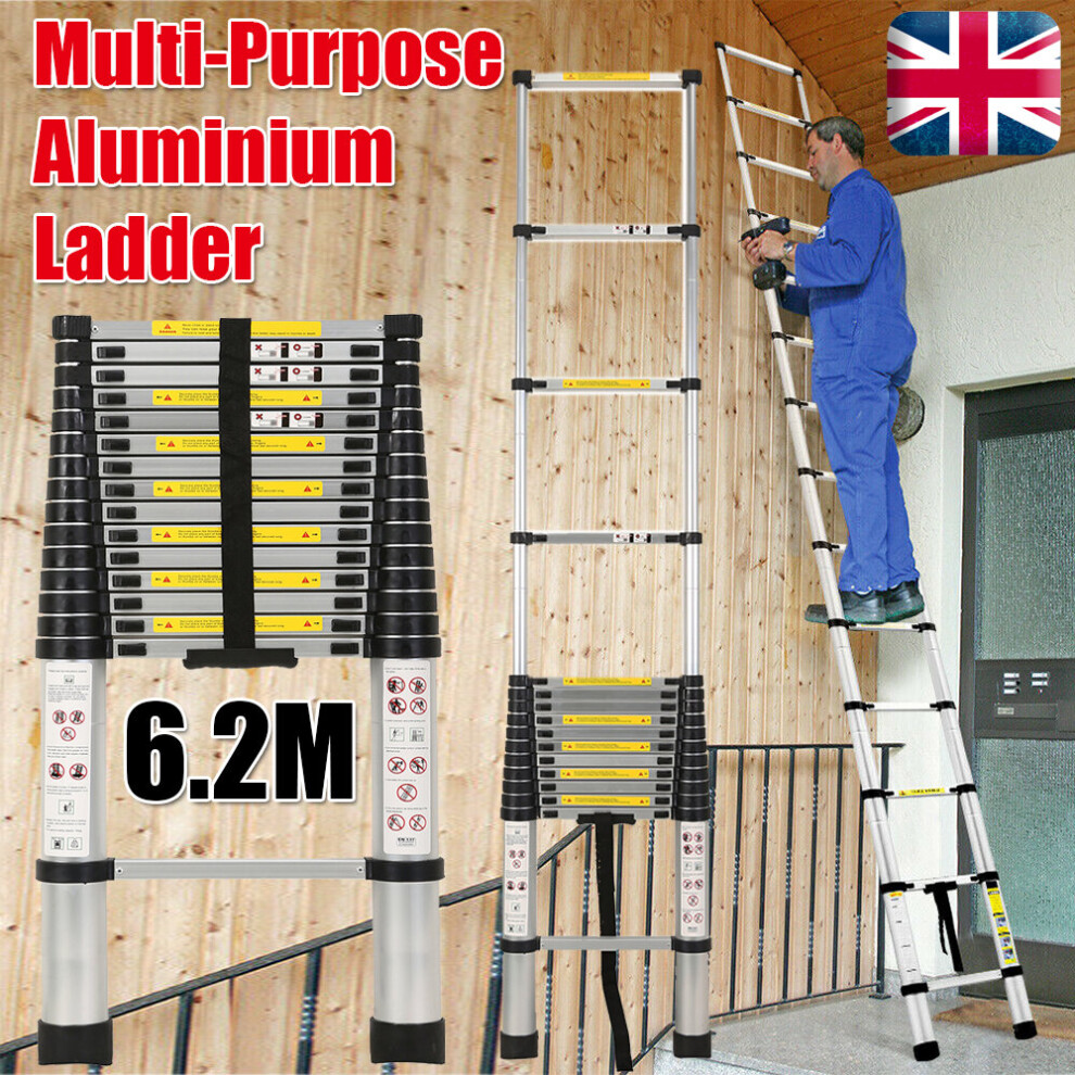 6.2M Aluminium Straight Ladder Telescopic Stable Non-Slip Step Ladder