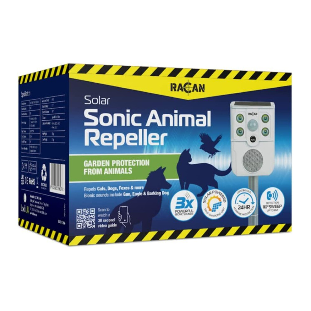 Racan Solar Sonic Animal Repeller Garden 3 Bionic Sounds Ultrasonic Flashing