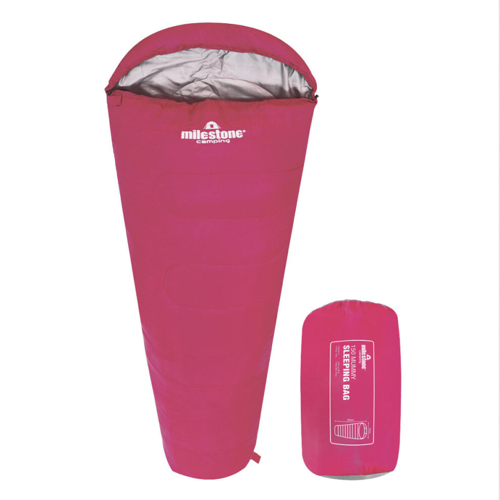 (Pink) Milestone Camping Mummy Single Sleeping Bag / 2 Season Insulation with Carry Sack