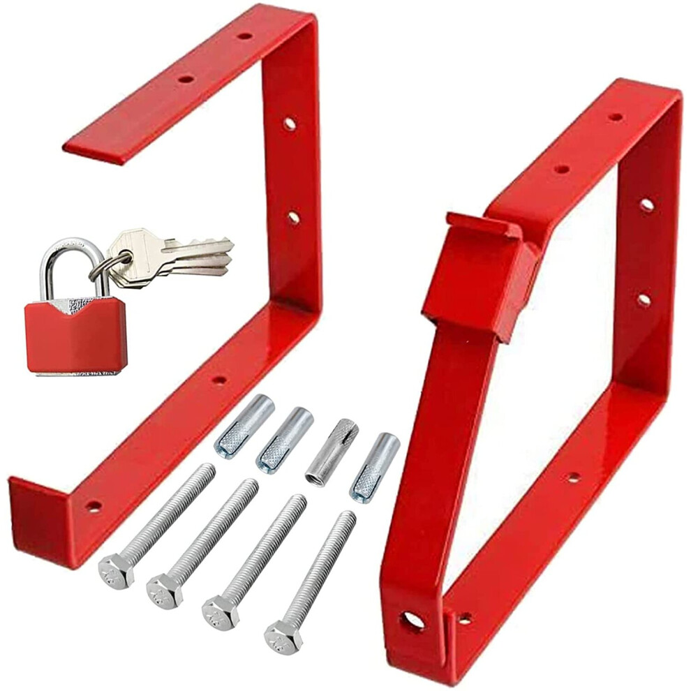 Universal Lockable Wall Ladder Rack Brackets and Padlock Set (Red)