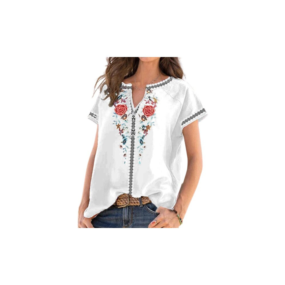 (White, UK 10) Floral Print Bohemian Style Summer Top