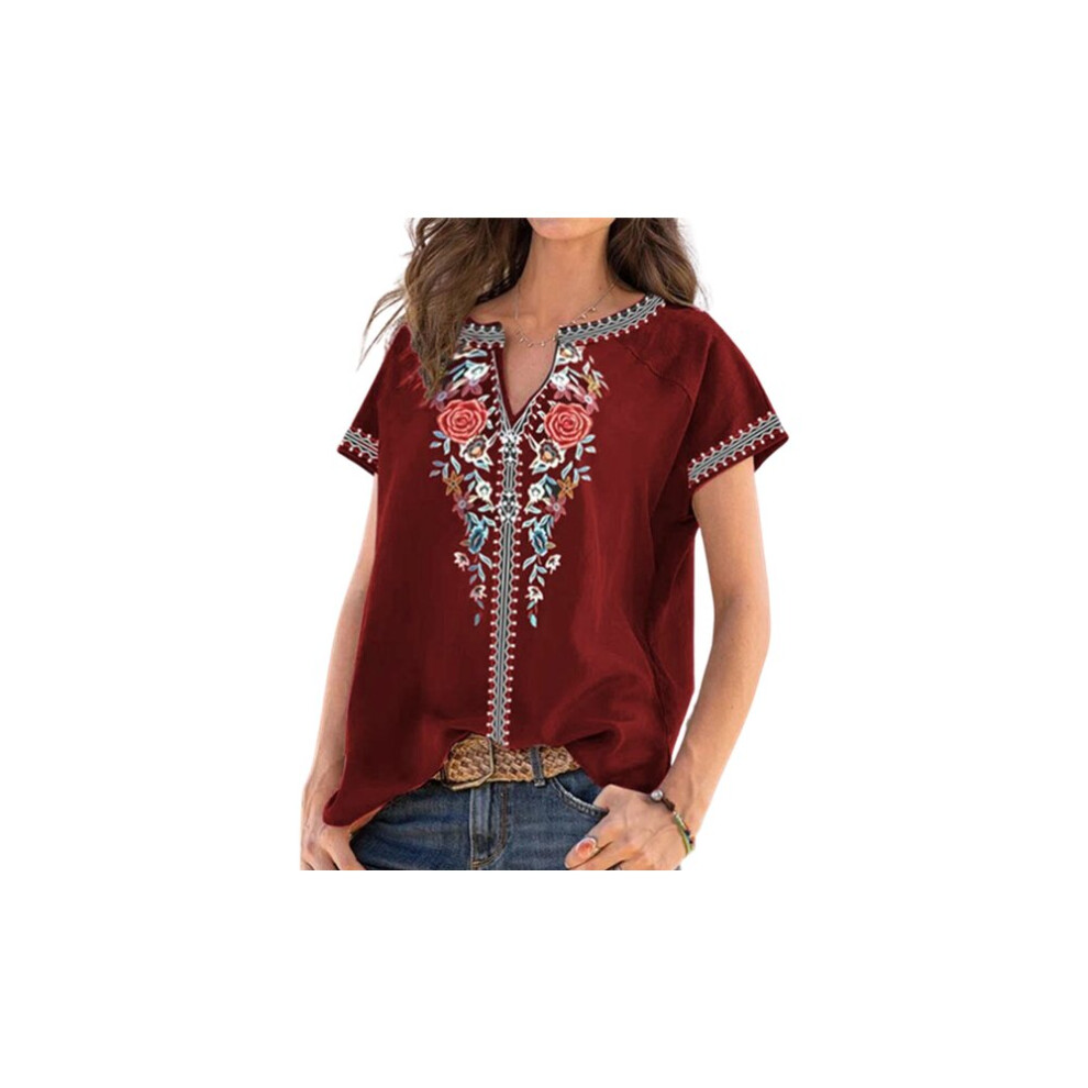 (Wine, UK 6) Floral Print Bohemian Style Summer Top