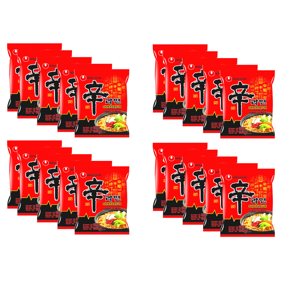 (Pack of 20) Nongshim Shin Ramyun 120g, Instant Korean Style Traditional Spicy Noodle Soup - Excellent for Snacking, Stir-Frying, Soups, Or As A Quick