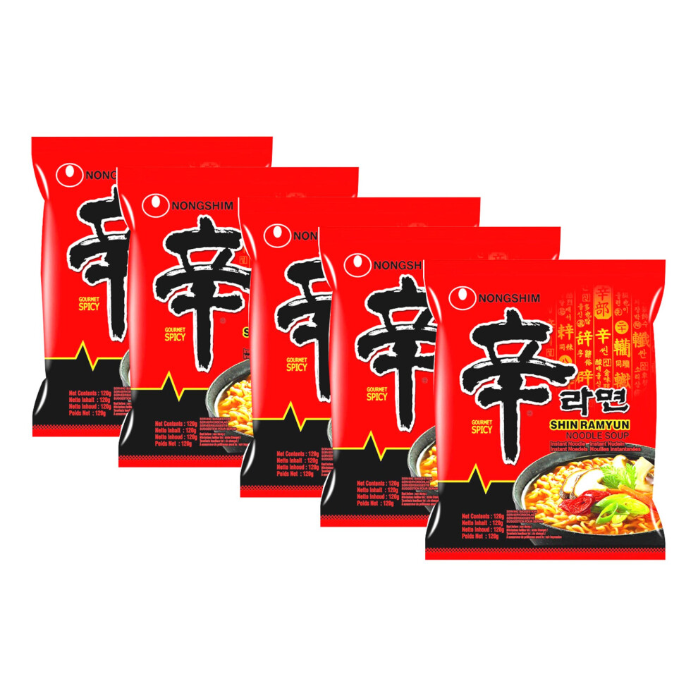 (Pack of 5) Nongshim Shin Ramyun 120g, Instant Korean Style Traditional Spicy Noodle Soup - Excellent for Snacking, Stir-Frying, Soups, Or As A Quick