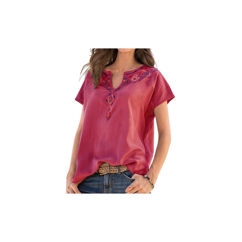 (Red, UK 14) Bohemian Style V Neck Summer Top