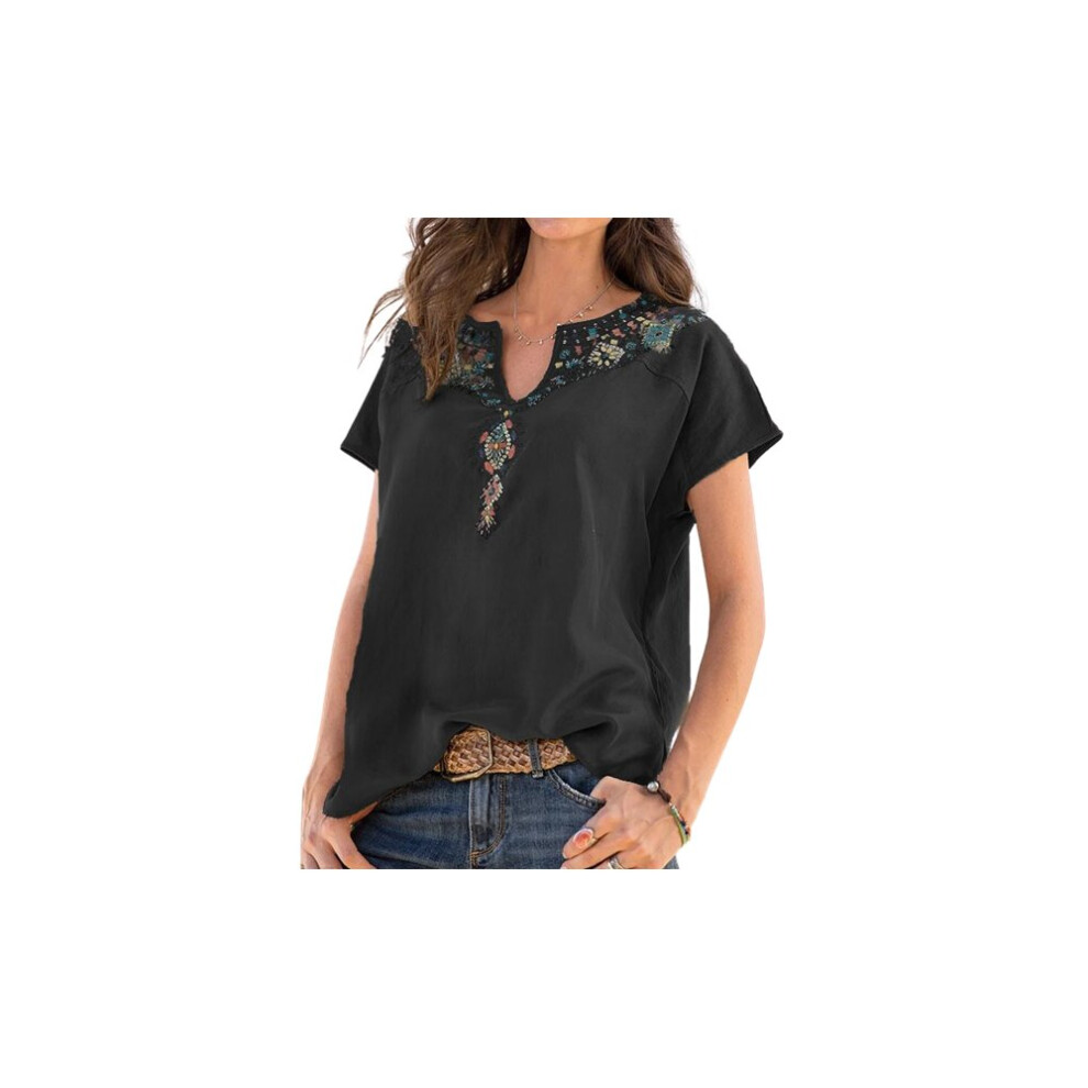 (Black, UK 10) Bohemian Style V Neck Summer Top