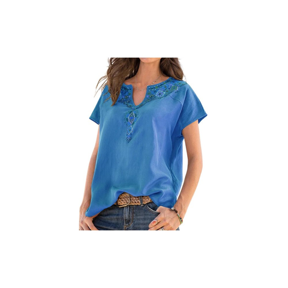 (Blue, UK 14) Bohemian Style V Neck Summer Top