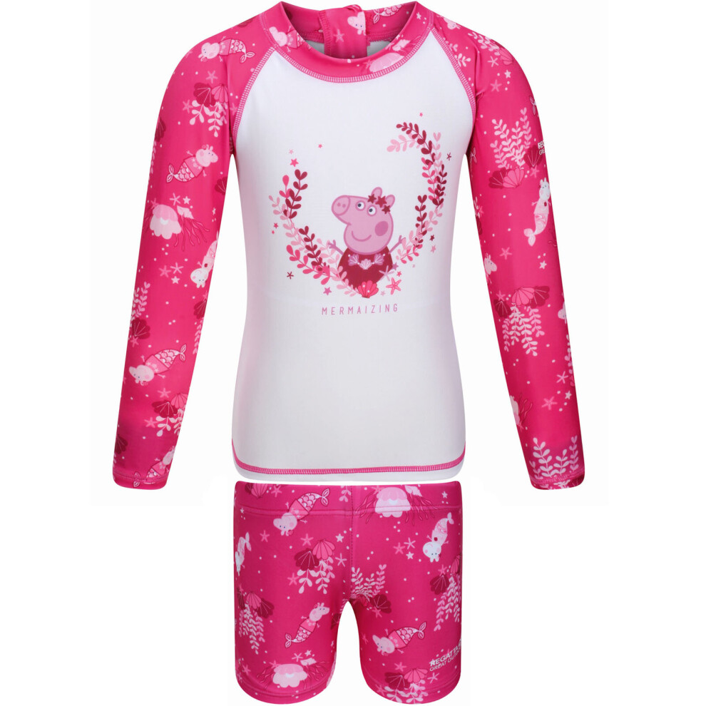 (6-12M, Pink Fusion) Regatta Kids Peppa Pig Long Sleeve Swimming Swimsuit Rash Suit Set