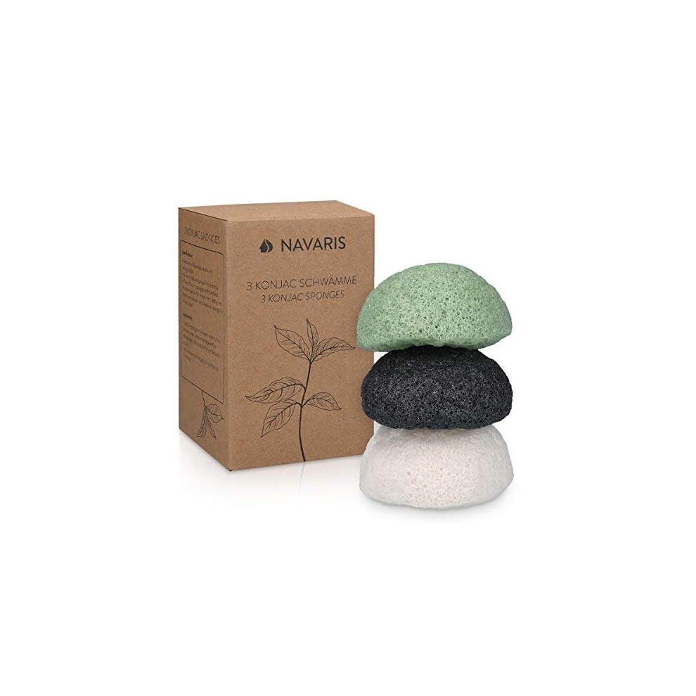 Navaris Set of Konjac Sponges - 3x Natural Exfoliating and Cleansing Sponge Shower Puffs for Face and Body including Bamboo Charcoal and Green Te