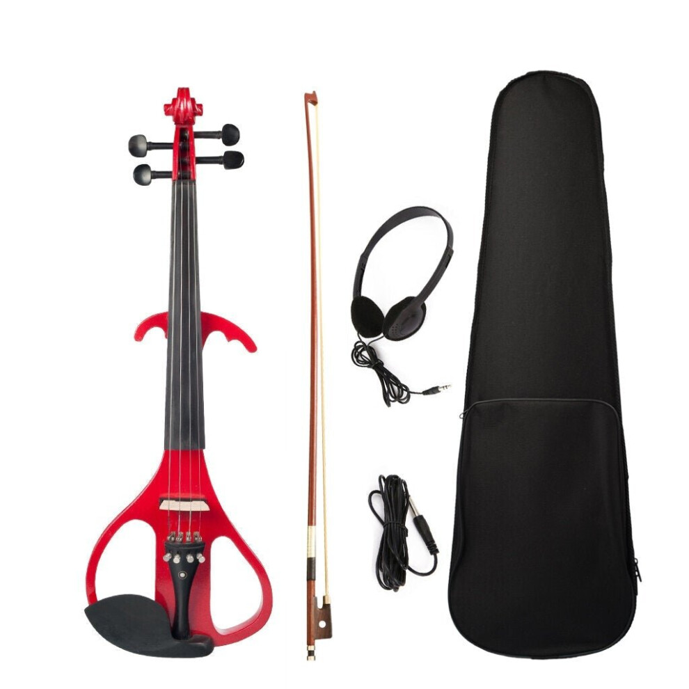 (Red) Full Size 4/4 Violin Electric Violin Fiddle Maple Body Fingerboard Pegs Chin Rest with Bow Case