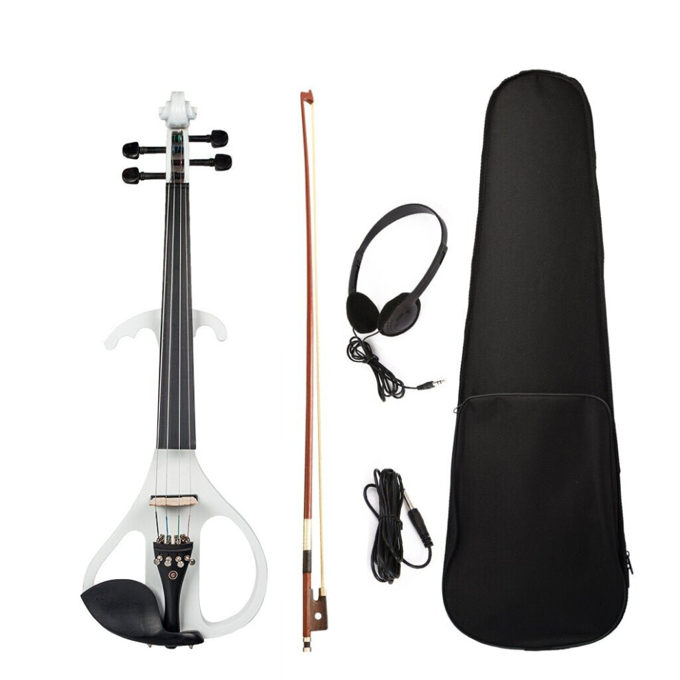 (White) Full Size 4/4 Violin Electric Violin Fiddle Maple Body Fingerboard Pegs Chin Rest with Bow Case