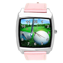 Pink Leather Square Watch for Golf Fans