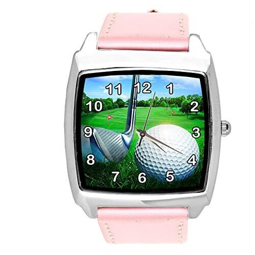Pink Leather Square Watch for Golf Fans