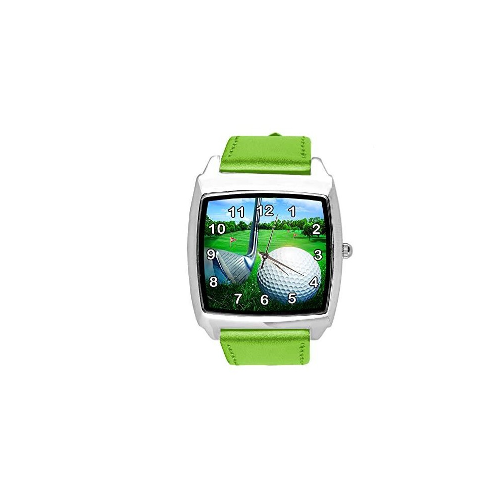 Green Leather Square Watch for Golf Fans