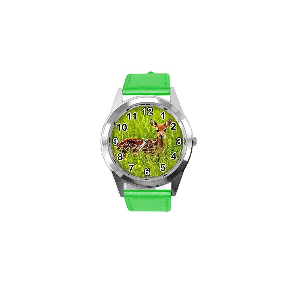 Photos - Wrist Watch TAPORT Green Leather Round Watch for Deer Fans
