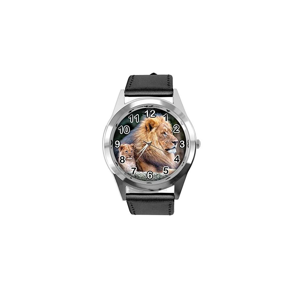 Black Leather Round Watch for Lion Fans