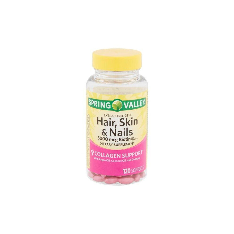 Spring Valley Extra Strength Hair, Skin, & Nails Collagen Support Softgels, 5000 mcg Biotin, 120 Count