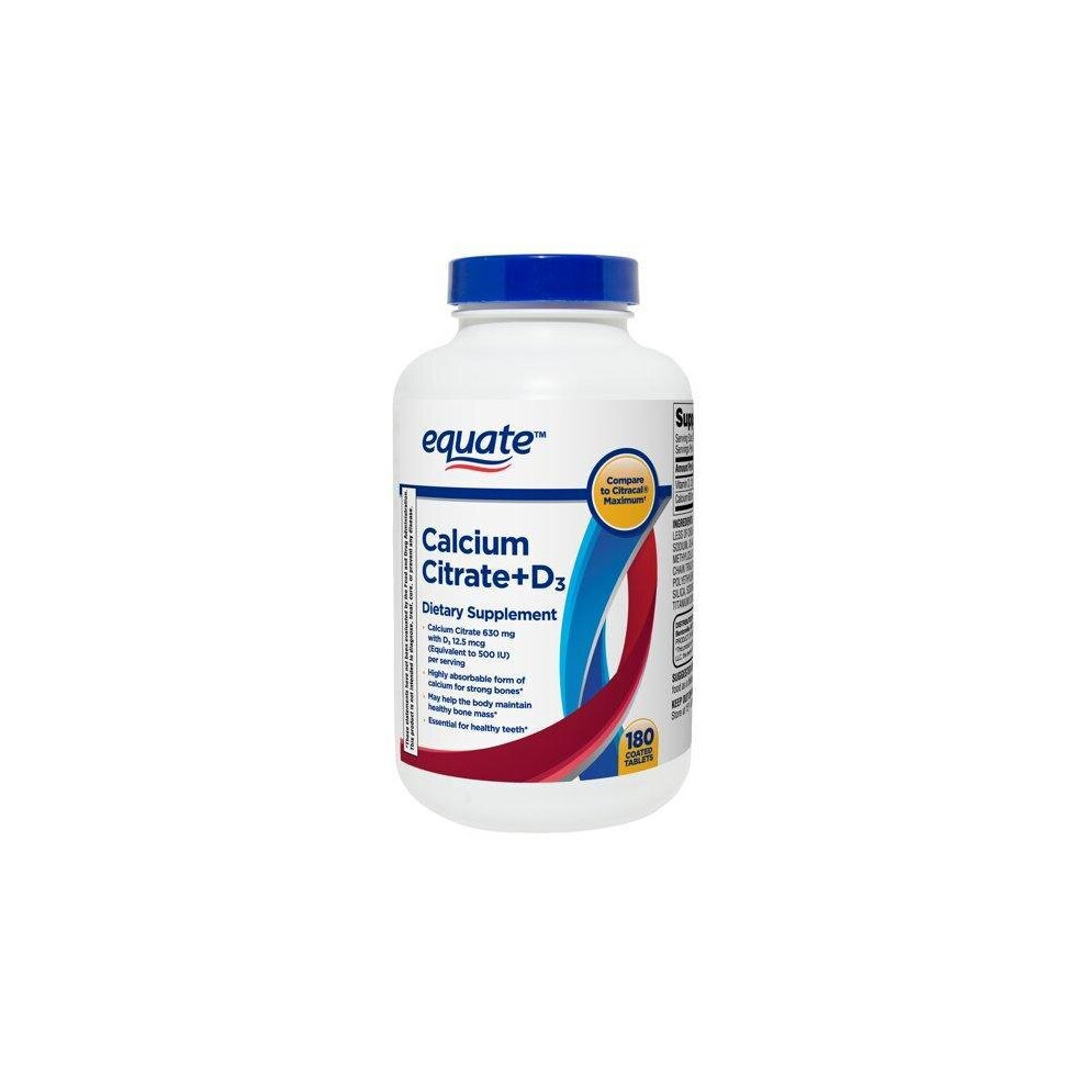 Equate Calcium Citrate + D3 Coated Tablets, 180 Count