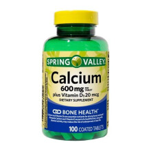 Spring Valley Calcium 600 mg plus Vitamin D3 20 mcg Coated Tablets, 100 Count