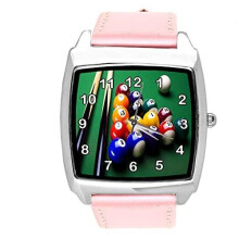 Pink Leather Square Watch for Pool Game Fans