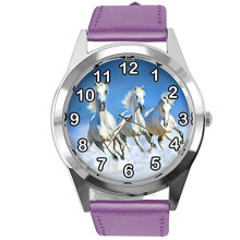 Purple Leather Round Watch for Horse Fans E4