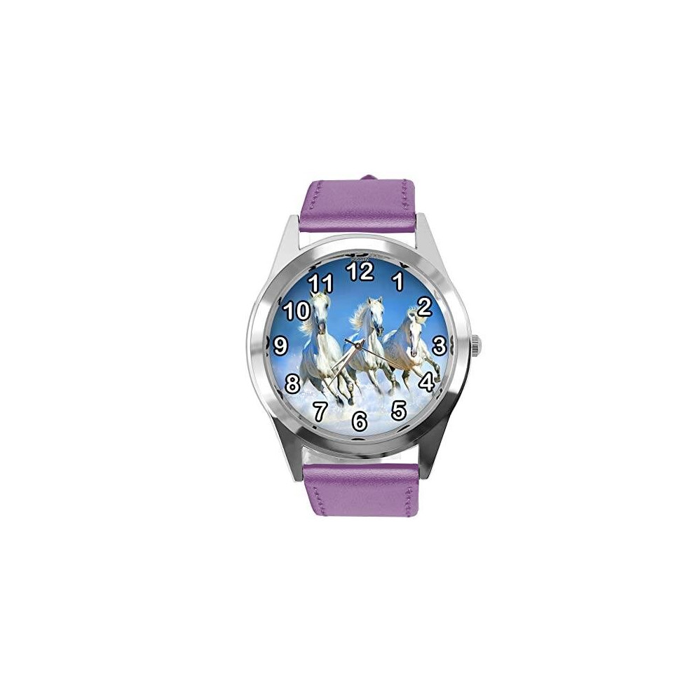 Taport® Purple Leather Round Watch For Horse Fans E4 Blue