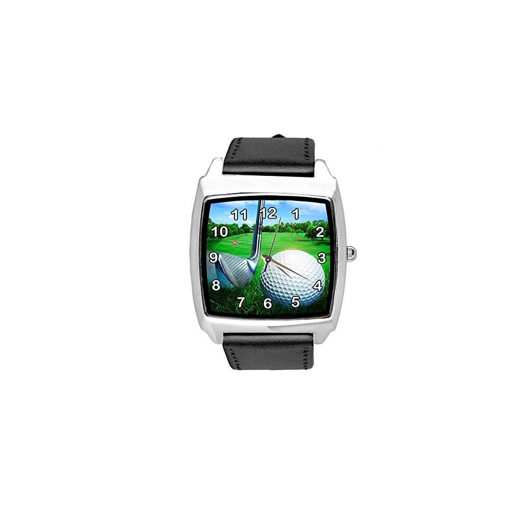 Black Leather Square Watch for Golf Fans