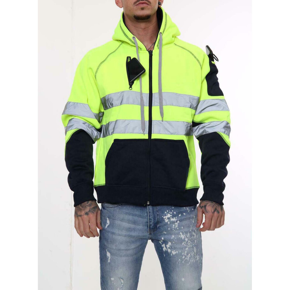 (Yellow Zipper, L) Hi Viz Vis High Visibility Jacket 3 Zips Hoodie Work Zip Hooded Top SweatShirts
