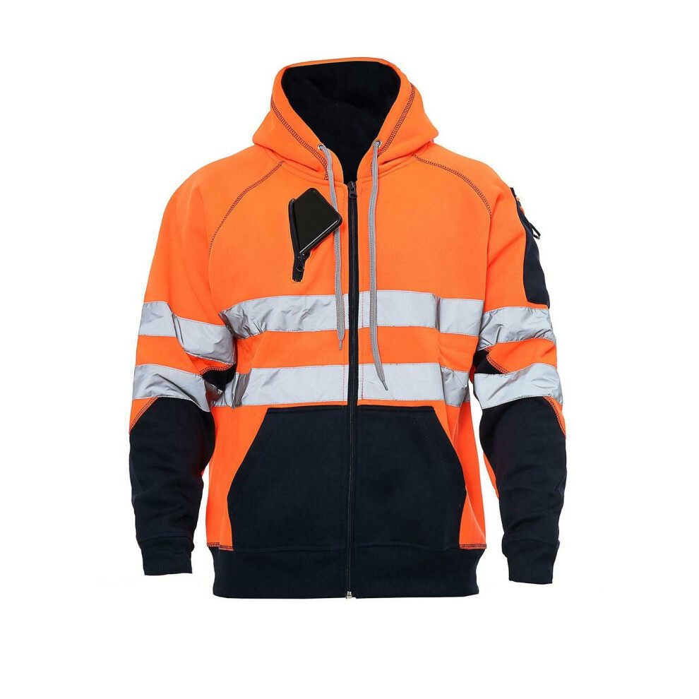 (Orange Zipper, 2XL) Hi Viz Vis High Visibility Jacket 3 Zips Hoodie Work Zip Hooded Top SweatShirts