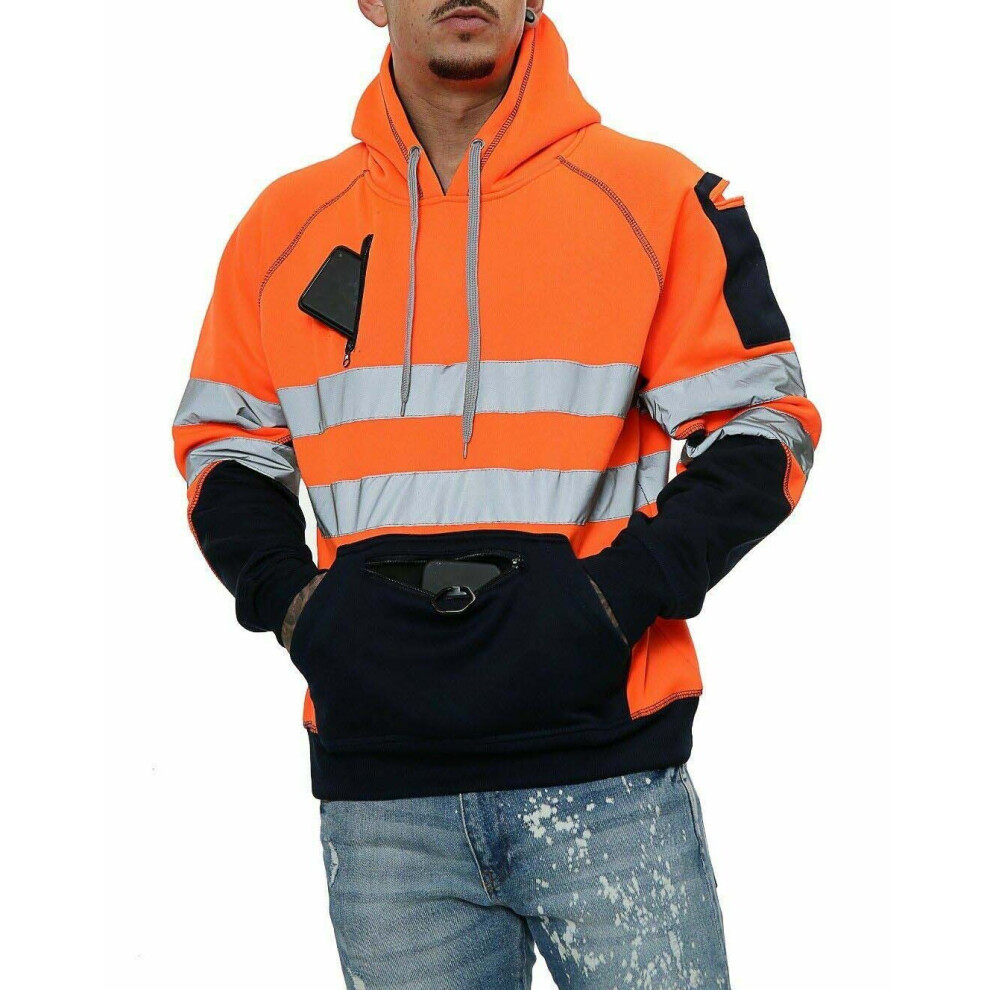 (Orange Pull Over, XL) Hi Viz Vis High Visibility Jacket 3 Zips Hoodie Work Zip Hooded Top SweatShirts