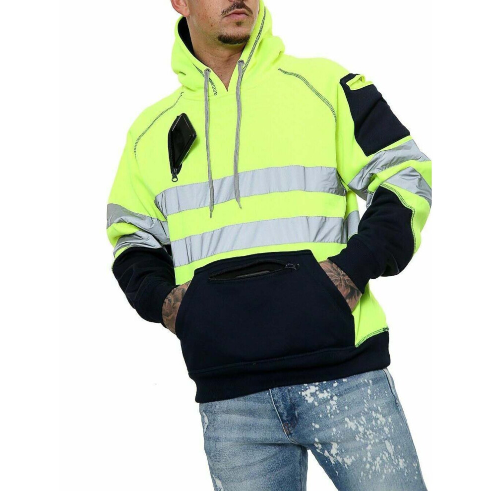 (Yellow Pull Over, 5XL) Hi Viz Vis High Visibility Jacket 3 Zips Hoodie Work Zip Hooded Top SweatShirts