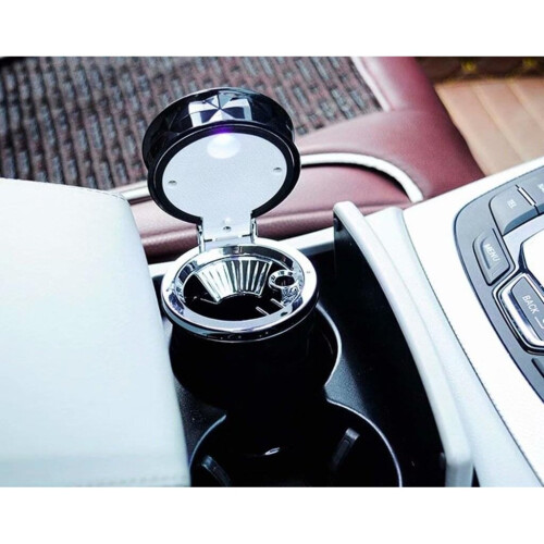 LED Portable Car Ashtray with Lid Diamond Pattern Ashtray-Black 1