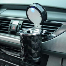 LED Portable Car Ashtray with Lid Diamond Pattern Ashtray-Black