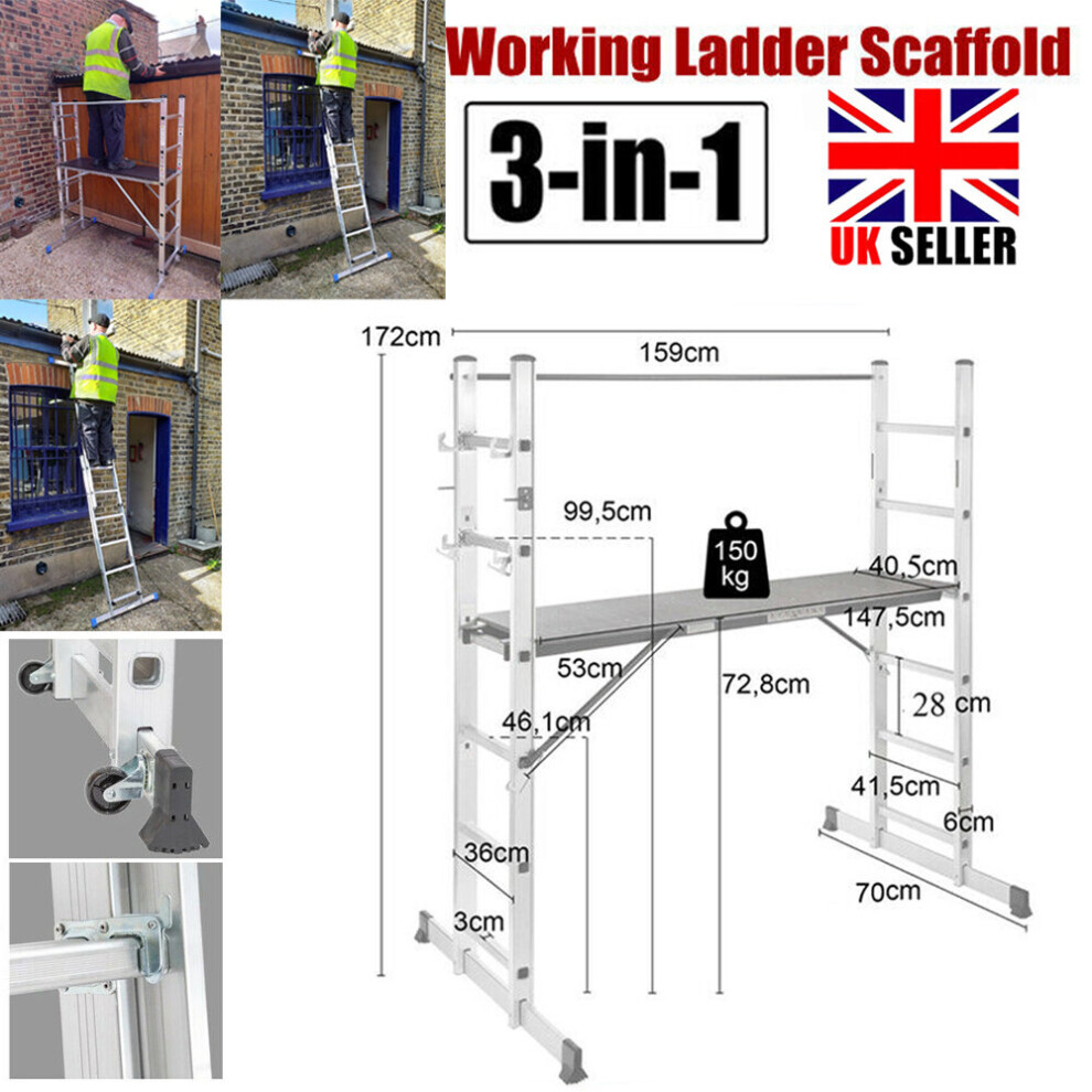 3 IN 1 Leaning/Step Ladder Work Scaffolding Platform Aluminum