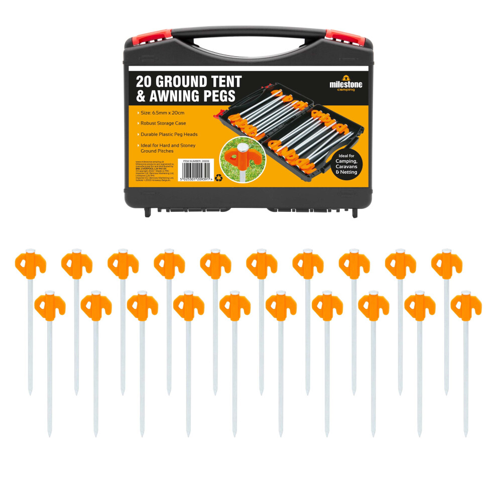 Milestone 20 Heavy Duty Tent Pegs / 20cm Length / Includes Plastic Storage Case