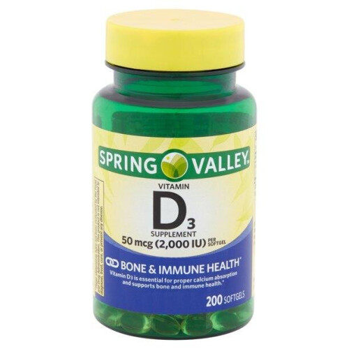 Spring Valley Vitamin D3 Softgels, 2000 IU, 200 Count