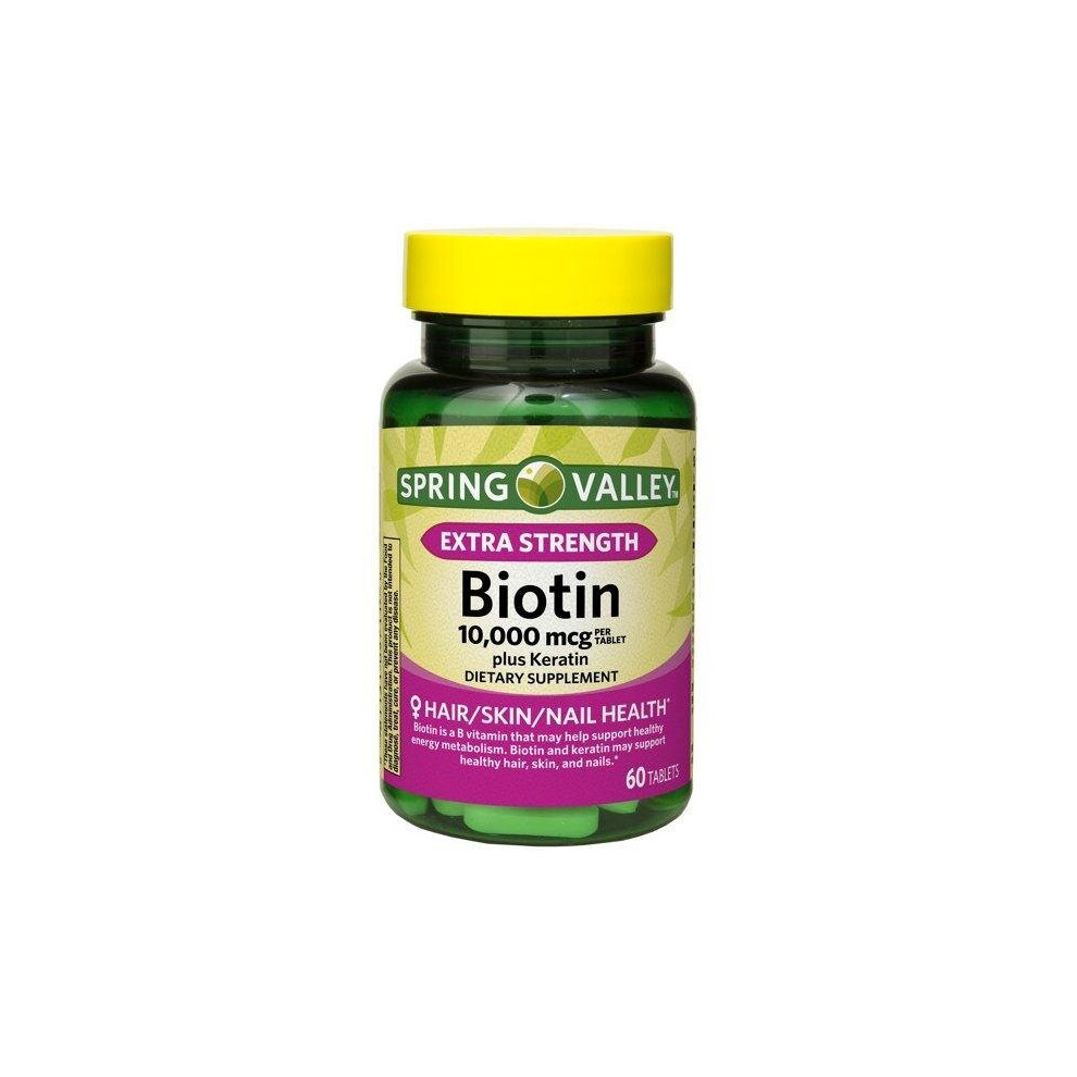 Spring Valley Extra Strength Biotin Plus Keratin Tablets, 10000 mcg, 60 Count