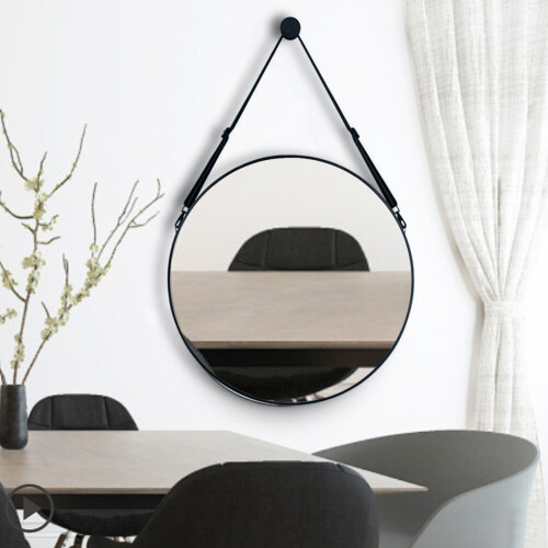 Living And Home (60cm) Modern Round Hanging Mirror with Adjustable Leather Strap 2