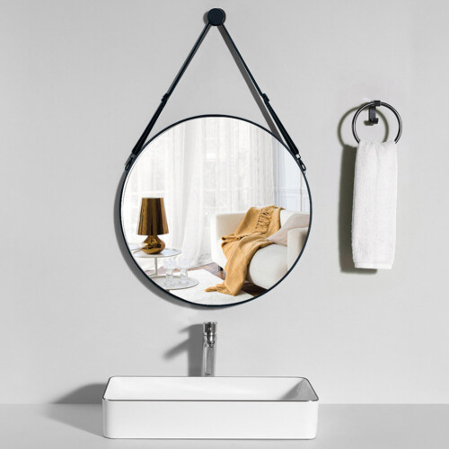 Living And Home (60cm) Modern Round Hanging Mirror with Adjustable Leather Strap 1
